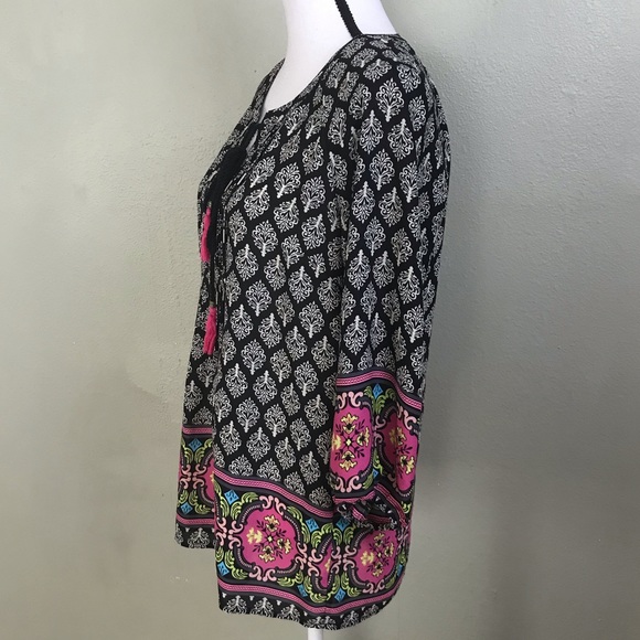 Black Rain Black Pink Boho Turnic Blouse Top M - Picture 2 of 6